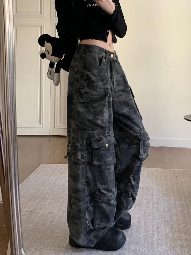 Trashy Y2K Fashion Washed Camouflage Multi Pockets Baggy Jeans Cargo Pants For Women Clothes Wide Leg Loose Lady Trousers 250320