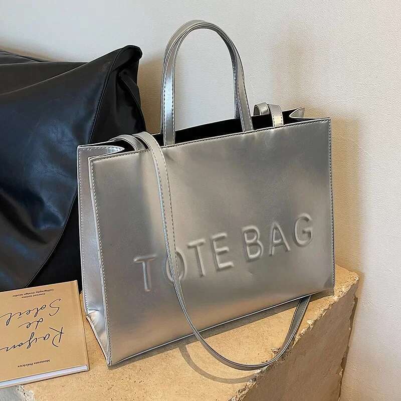 Large Capacity Tote With Letter Print Fashion Shoulder Solid Color Simple Crossbody Bag Women Casual Handbag