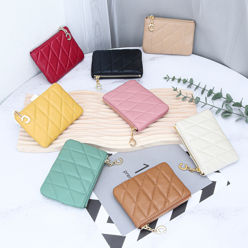 2025S Trend Designer Sheepskin Fashion Thin Zipper Women S New Genuine Leather Embroidered Grid Wallet Key Storage Small Bag