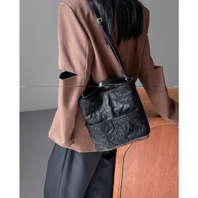Women's Bags Black Handbag for Women New Spring/Summer High Quality Texture Lazy Style Soft Leather Folded Crossbody Bucket Bag