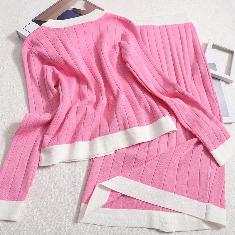 Women O-Neck Single Breasted Knitwear Cardigan Tops and Slim Chic Button High Waist Wrap Hip Skirt Korean Vintage 2-Piece Set 250320