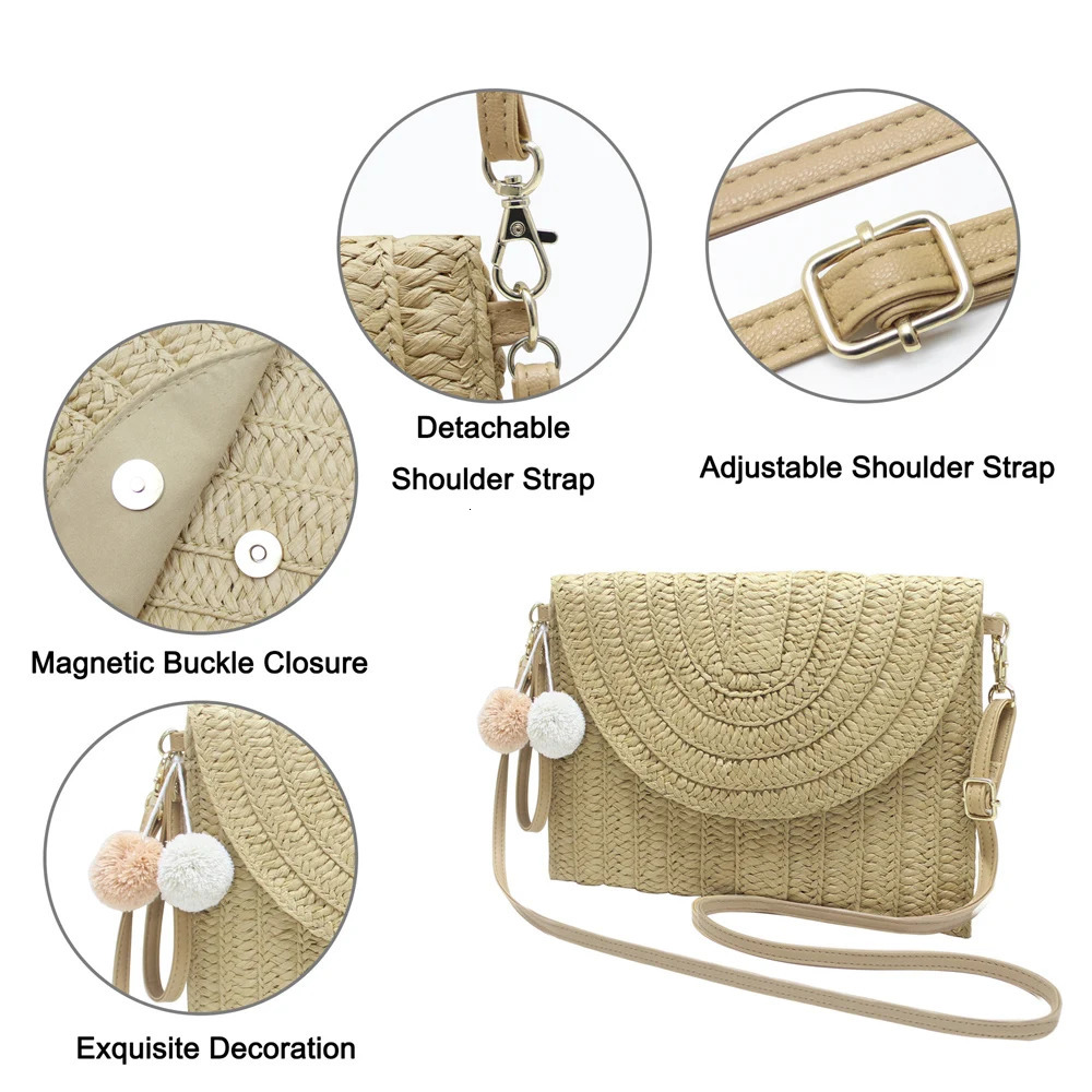 Handmade womens straw bag summer holiday beach leisure clutch wallet elegant shoulder Lafia envelope 250317