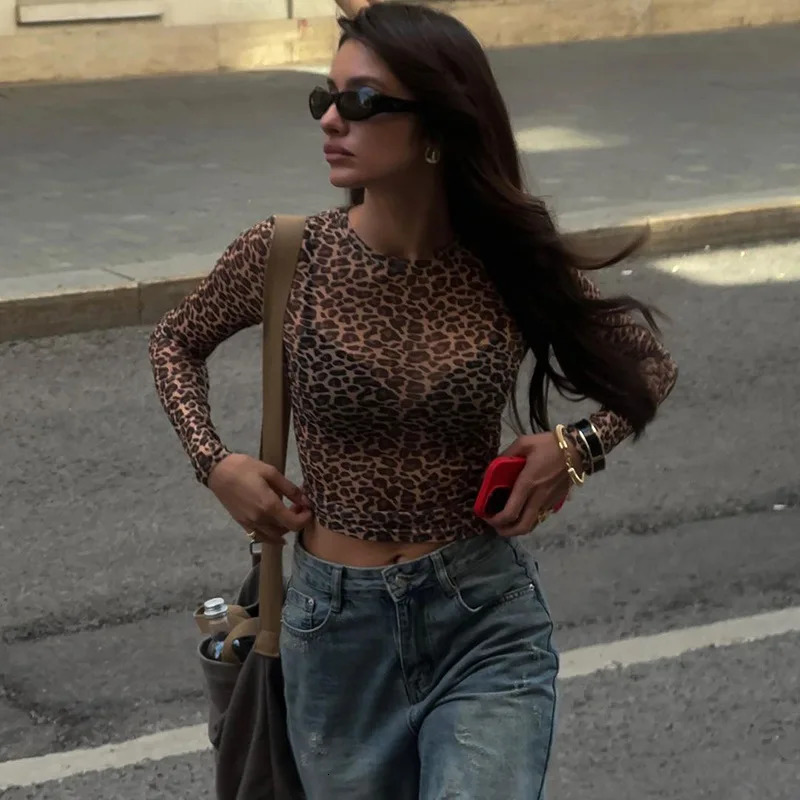 Sexy Long Sleeves Tops Mesh T Shirt Leopard Printed Bodycon Women Clothes Lady Party Club Streetwear Casual Nightout Y2K Covers 250311