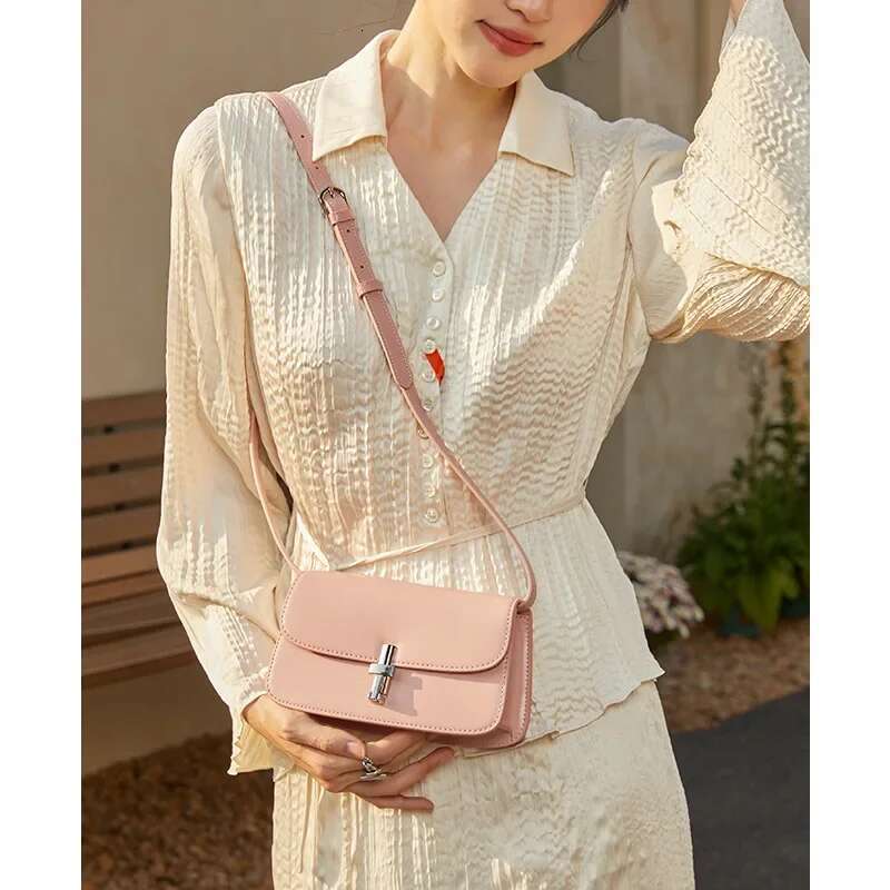 2024 Spring Genuine Leather Women's Small Square Bags Casual Versatile Handbags High Quality Female Shoulder Crossbody Bag Pink