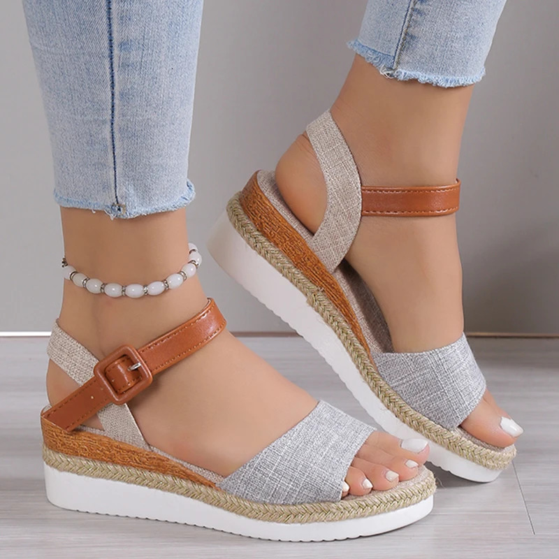 Womens Sandals Peep Toe Wedges Heels Summer Shoes Woman Low Platform Nonslip Hemp Heeled 250321