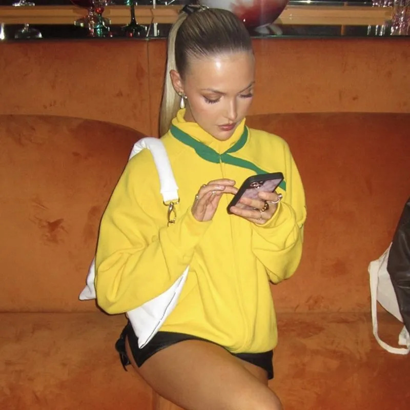 Y2K Aesthetic Vintage Slim Fit Yellow Sweatshirts BRASIL Letter Embroidery Graphic Womens 00s Retro Hooded Zip Up Jackets Coats 250320