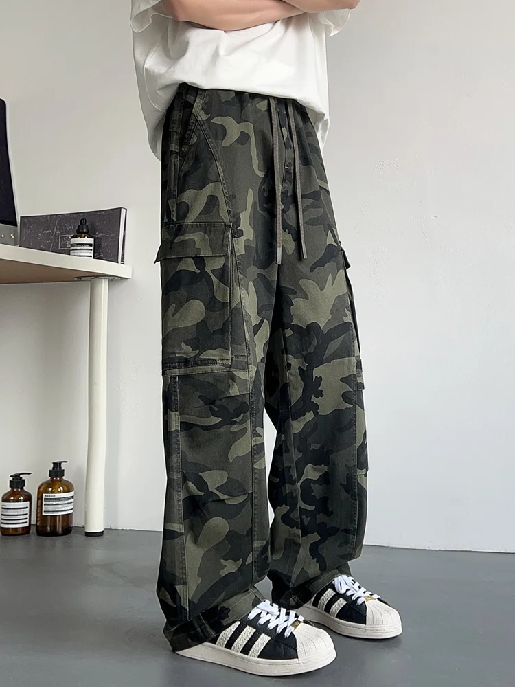 Mens Camouflage Straight Cargo Pants Spring Summer Multi-Pockets Wide Leg Baggy Casual Pants Male Cotton Casual Trousers 250320