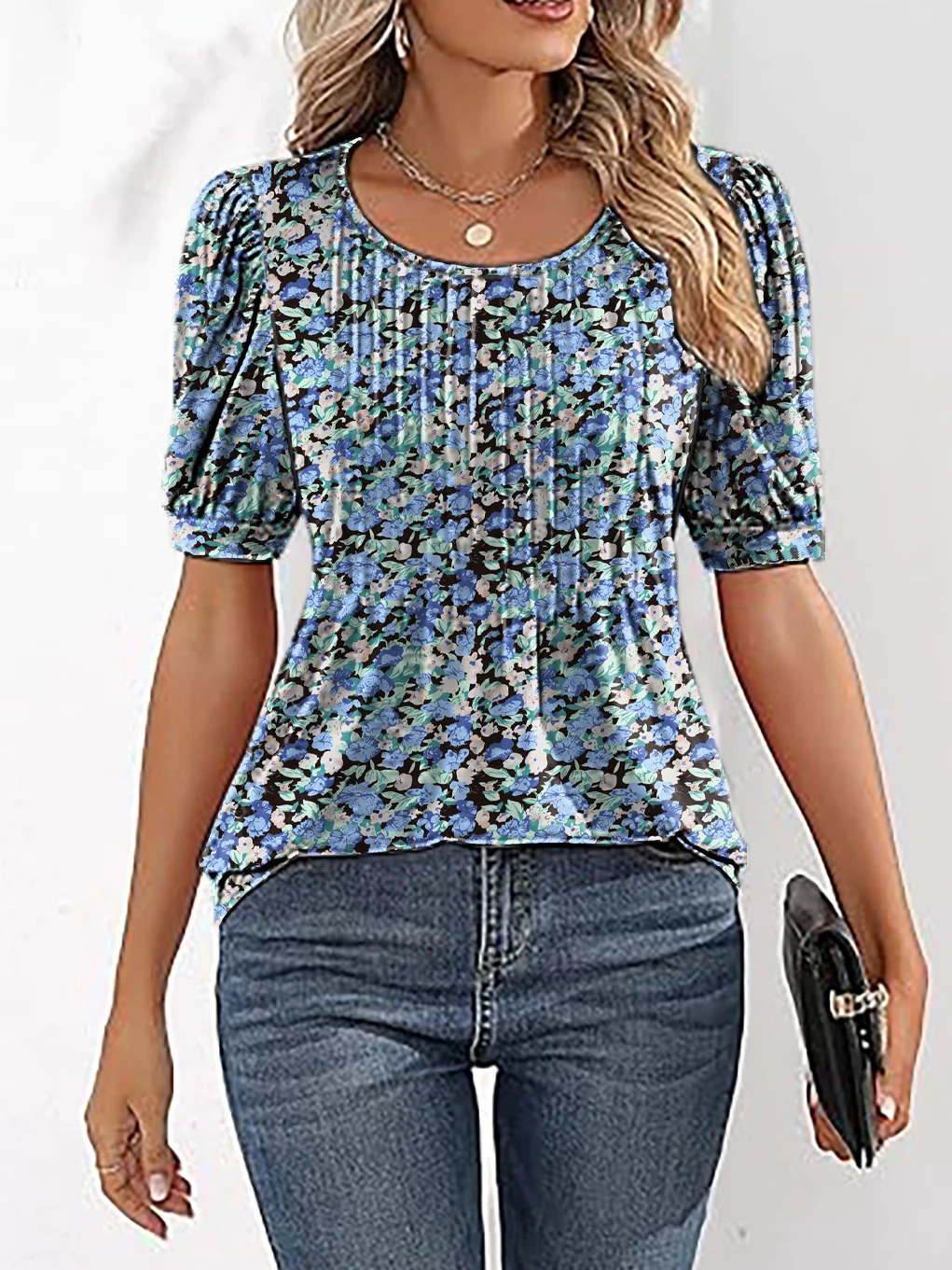 Womens Tunic Tops V Neck Shirts Short Sleeve Summer Puff Pleated Casual Blouses Puff Pleated Work Blouse Fashion Tops 250317