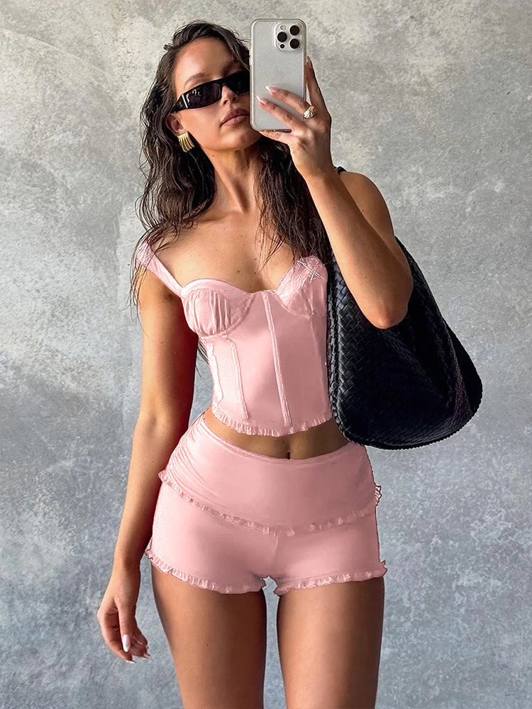 Weird Puss Women Vacation 2 Piece Set Ruched Square Collar Sleeveless Crop TopsRuffles Shorts Summer Beach Style Classic Suits 250320