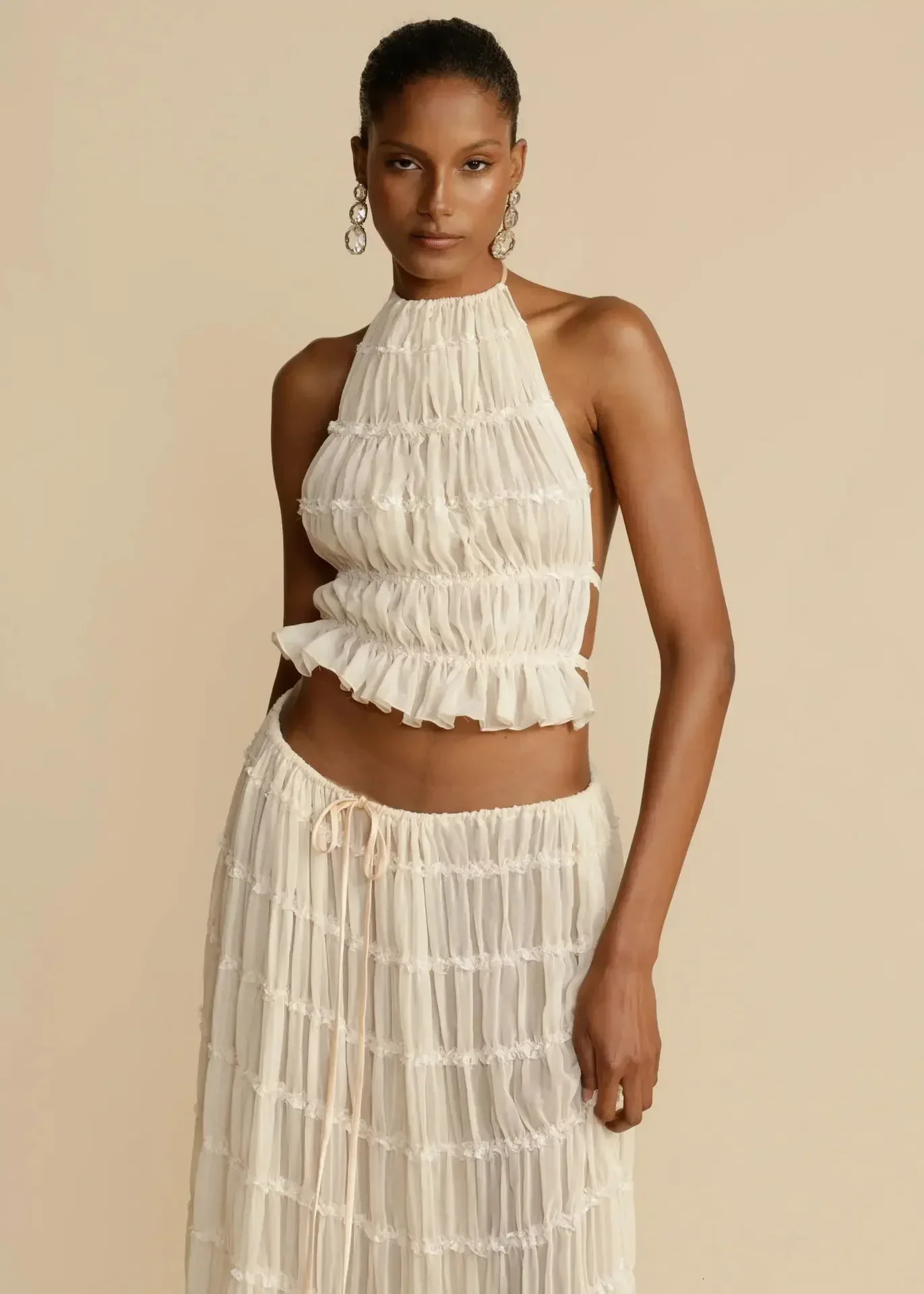 Spring Women Skirts Set Black Halter Backless Vest Lace Up Skirts Sexy Sets Female Casual Elegant Trendy Ladies Clothes 250318