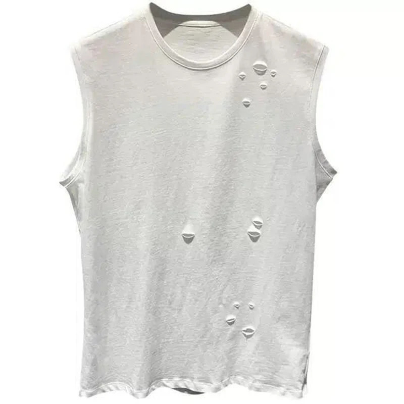 100% pure cotton bra sleeveless tear hole mens tank top Korean street fashion trend 2xl oversized T-shirt hip-hop street clothing 250318
