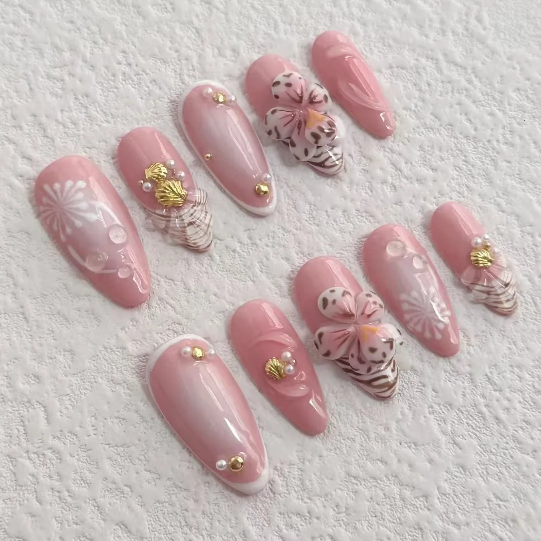 10 Pcs Press on Nails Handmade Nials INS Y2K Fake Nails with Nails File Pink 3D Flower Press on 250319