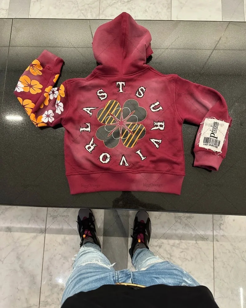 Street Gothic Punk Clothing Fashion Trend Fourleaf Clover Printed Oversized Hoodie Men Casual Versatile Loose Zipper Sweatshirt 250317
