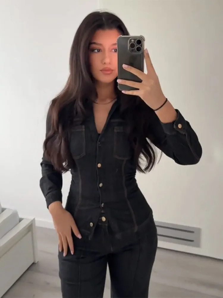Women Fashion Denim Solid Top High Waist Pants Suits Casual Single Breasted Lapel Neck Shirts Pant Set Spring Lady Street Wear 250320