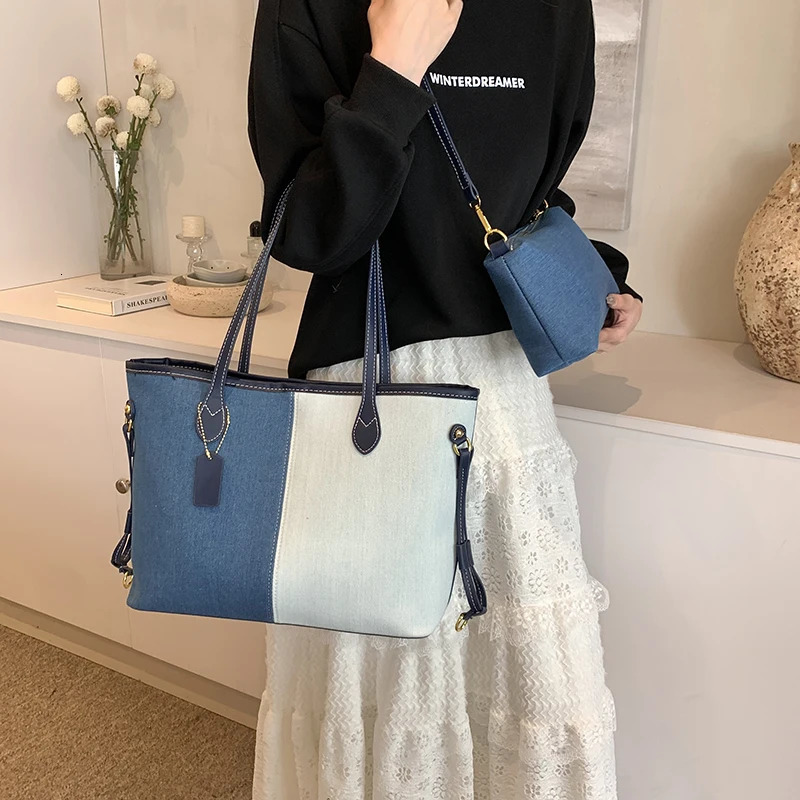 MOODS Patchwork Tote Bag Set For Women Big Capacity 2In1 Shoulder Shopper Denim Fabric Contrast Color Handbag Female 250320