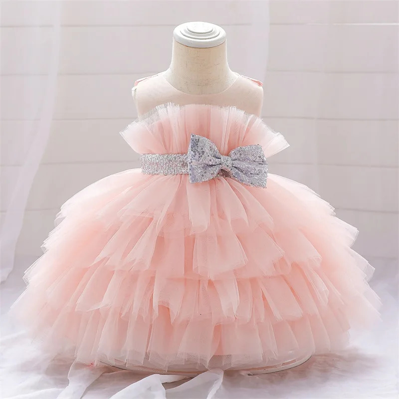 Baby Summer Dress 1 Year Puffy Pink Kids Bow Christening Princess Brithday Vestidos Toddler Children Baptism Baby Girl Clothes 250320