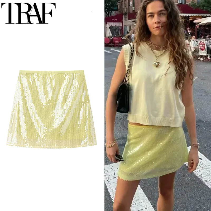 TRAF Woman 2025 Skirts Yellow Mini Skirt Summer Shiny Sequin Sexy Short Skirt Streetwear A-Line Y2K Skirts For Women 250321