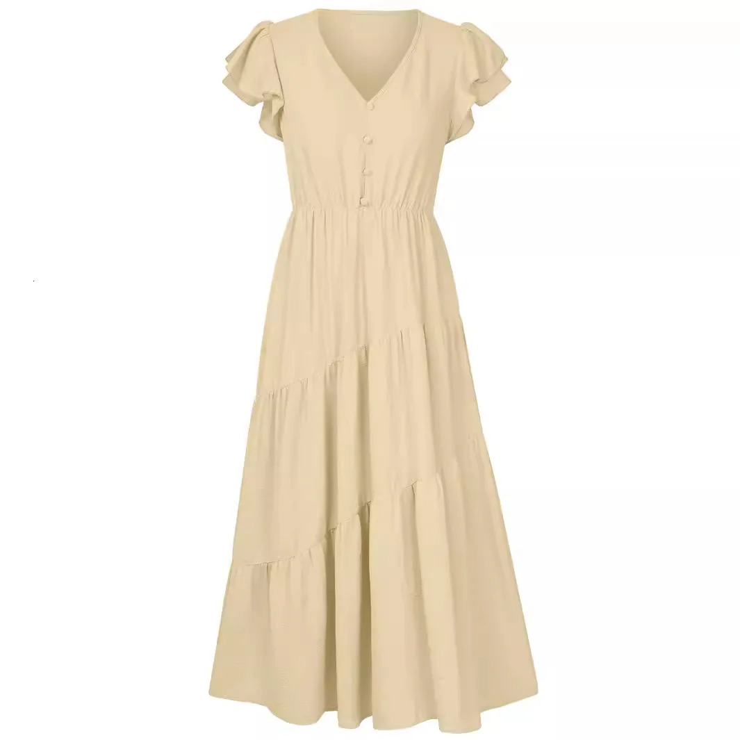 2025 Womens Long Summer Dress Button V-neck Short Sleeve Dress Solid Color Casual Beach Dress Big Swing Boho Beach Dress 250320