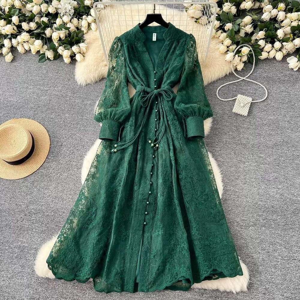 Dresses Whitedress June French High-end Dress 2025 Spring Waistband Heavy Embroidery V-neck Lantern Sleeves Single Breasted Long Skirt for Children