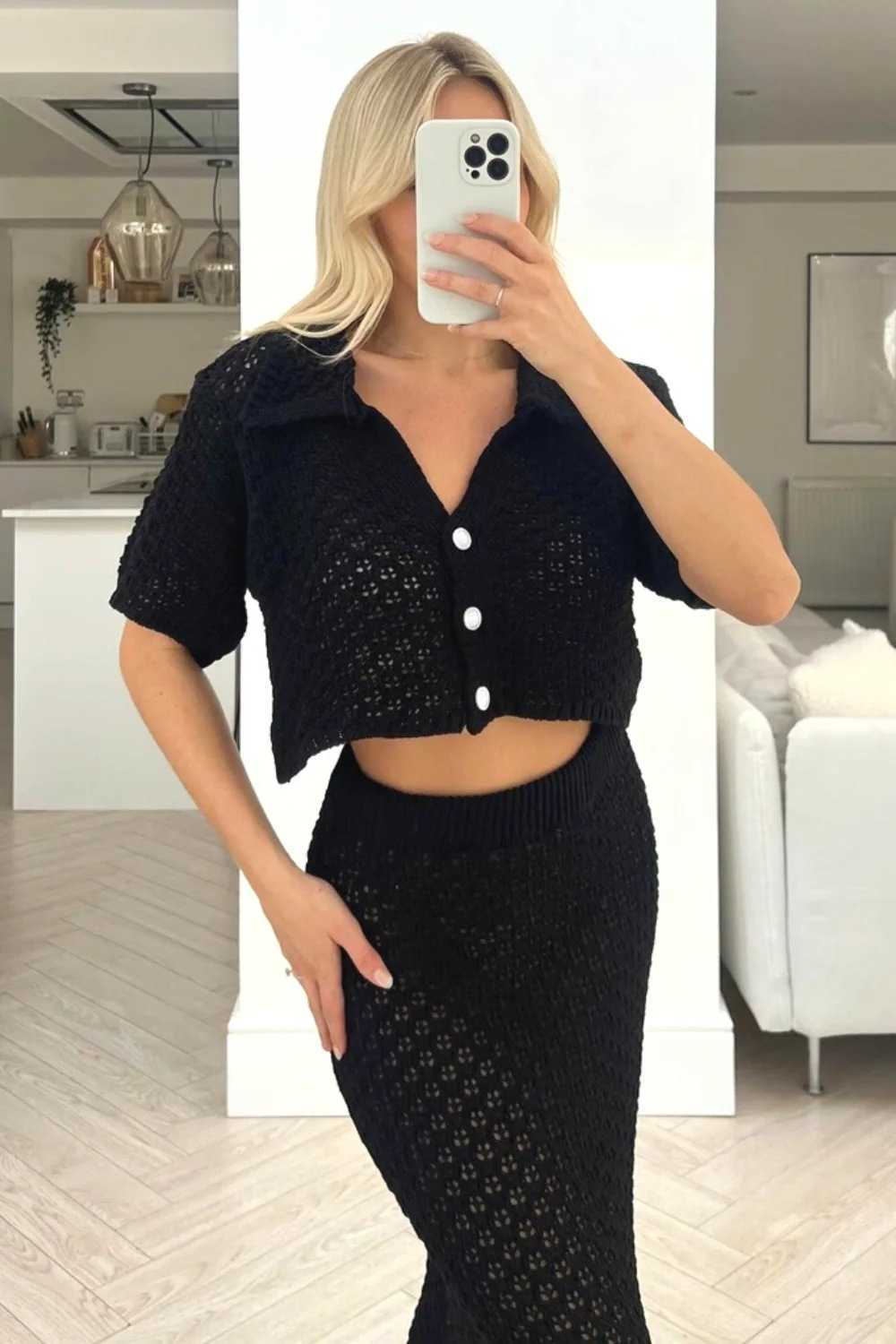 Hollow out short sleeved knitted two-piece cardigan button up skirt versatile top beach sexy suit 250315