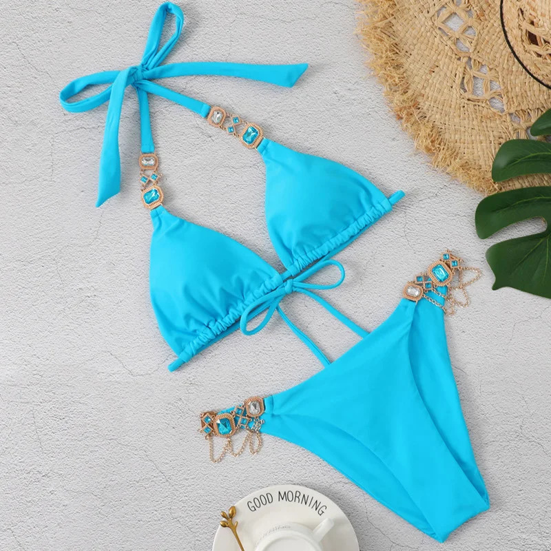 Sexy Womens Swimsuit With Rhinestones Solid Bikinis Female Swimwear Push Up Bikini Beachwear Swimming Bathing Suit Bather 250320