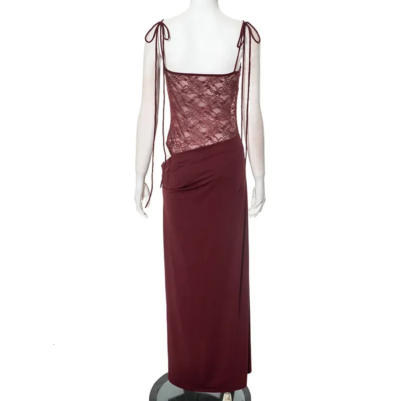 Mesh Perspective Y2K Lace Maxi Long Beach Dress Hollow Womens Summer Sleeveless Backless Tight 250320