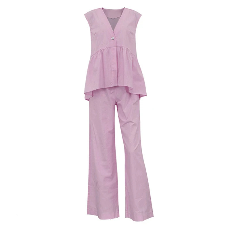 Elegant Button Solid Color Suit Ladies Casual V Neck Sleeveless Top with Pants 2pc Sets Summer High Street Pocket Loose Outfit 250320
