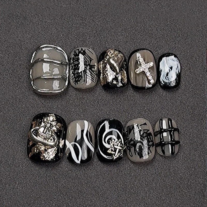 Handmade Round Metal y2k Press On Nails Punk Sweet Cool Artificial Nails Wearable False Nail Party Nail Tips Art 250319