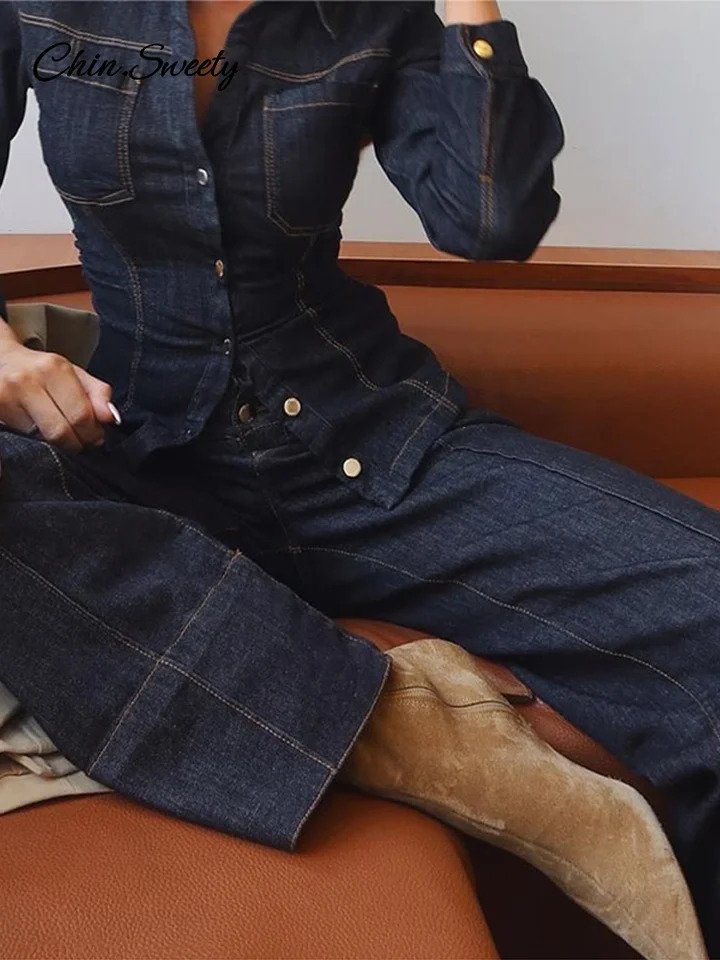 Denim jeans set womens waist lapel single chest long sleeved jacket wide leg pants spring pleated high street set 2 pieces 250320