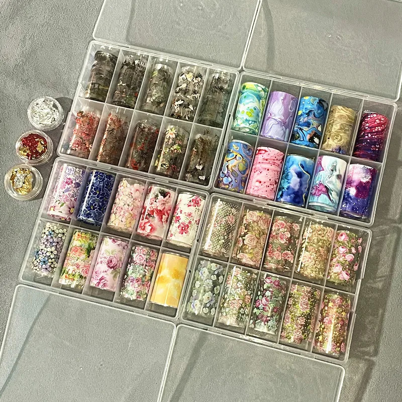 4 Boxes Mixed Nail Foils for FlowersTransfer Paper Metal Stickers Champagne Nails Wraps Silver DIY Golden Nail Art Decorations 250314