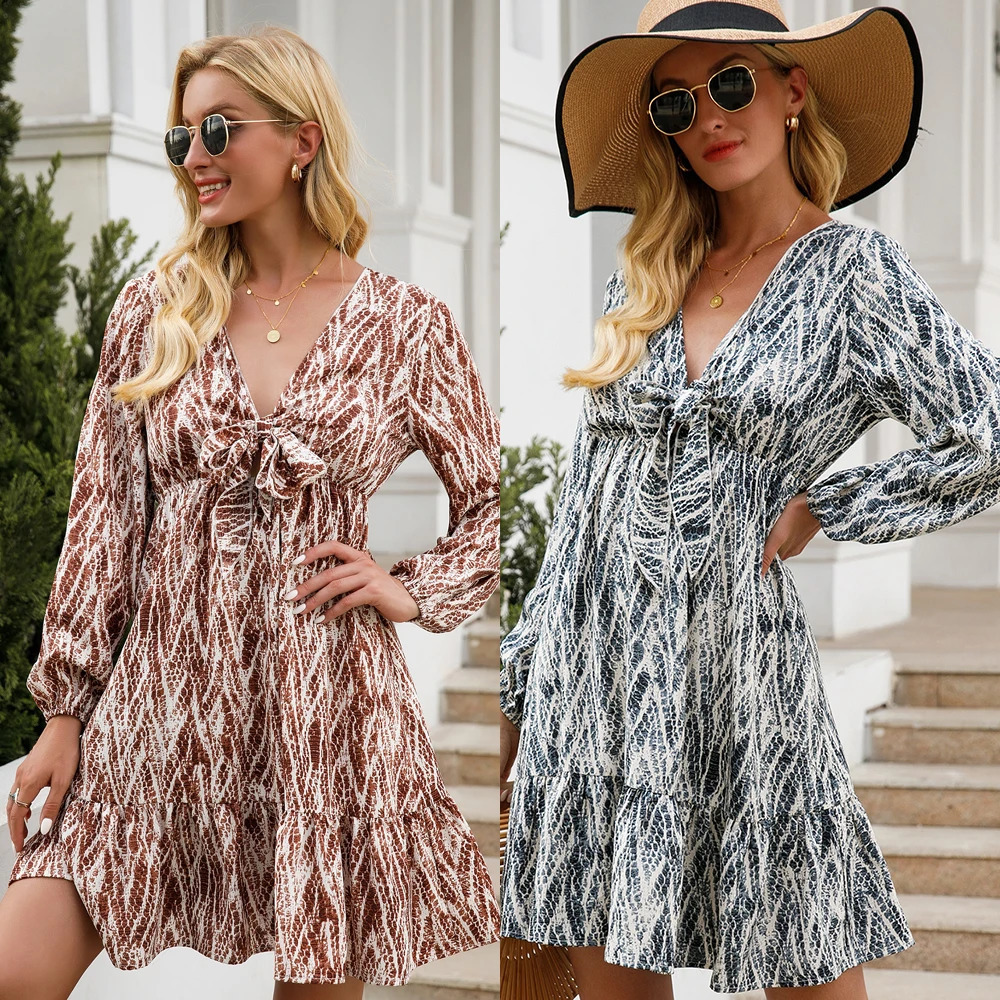Womens Floral Long Dress Sleeves VNeck Wrap Ruffle Summer with Belt Beach Sexy Swing Maxi Midi 250320