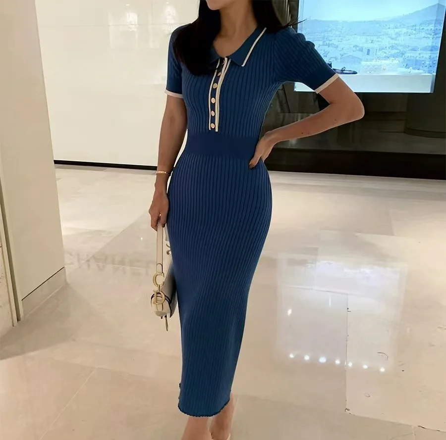 Korean Fashion Womens Knitted Midi Dress Elegant Office Tight Matching Short Sleeve Trend 250320