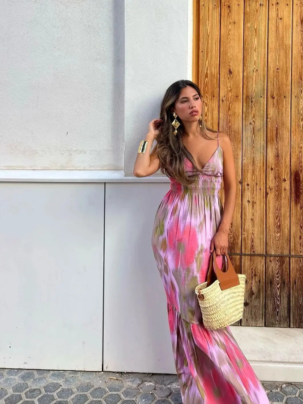 Fashion Printed Elastic Waist Backless Dress Women Lace Up Vintage Straps VNeck Midi Dresses Female Vacation Chic Beach 250317