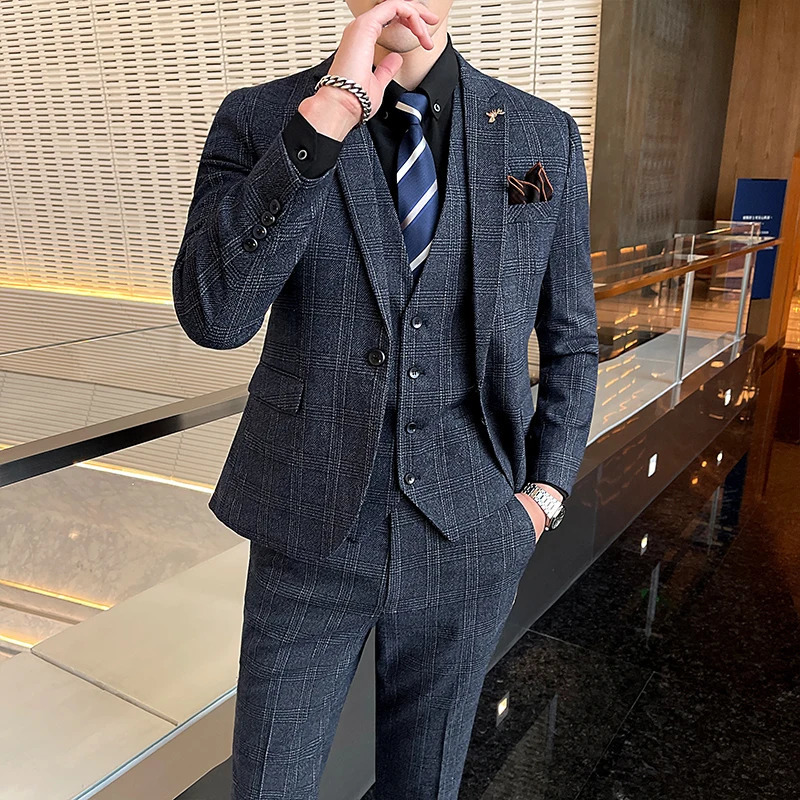 Explosive Singlebreasted Business Wedding Man Suit British Style Threepiece Individual Comfortable Male Clothing 250311
