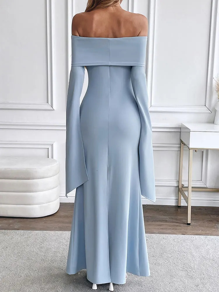 Autumn Dresses Women Sexy Solid Strapless Backless Maxi Dress Streetwear Fashion Split Long Sleeves Casual Slim Lady 250320