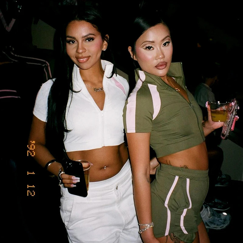 CUTENOVA Spring Summer Lapel Zipper Clash Color Patchwork Waistless Short Sleeve Skinny Short TopElastic Cord Sports Shorts Set 250320