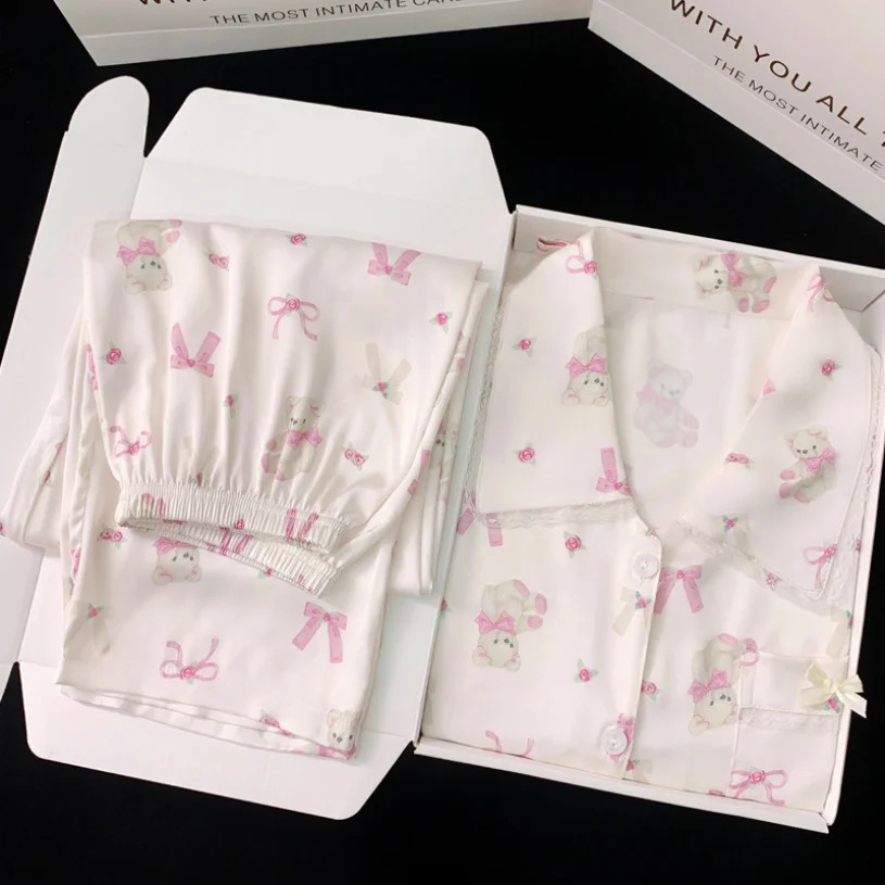 Spring and Autumn Ladies Fashion Pajamas Homewear Suit Ice Silk Pajamas Comfortable Leisure Long-Sleeved Homewear Real S 250320