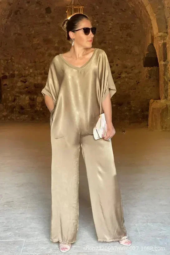 2025 Spring Satin Oversize Women Suit Black V-neck Tops Long Pants Loose Suits Female Spring Casual Trendy Ladies Clothes 250320