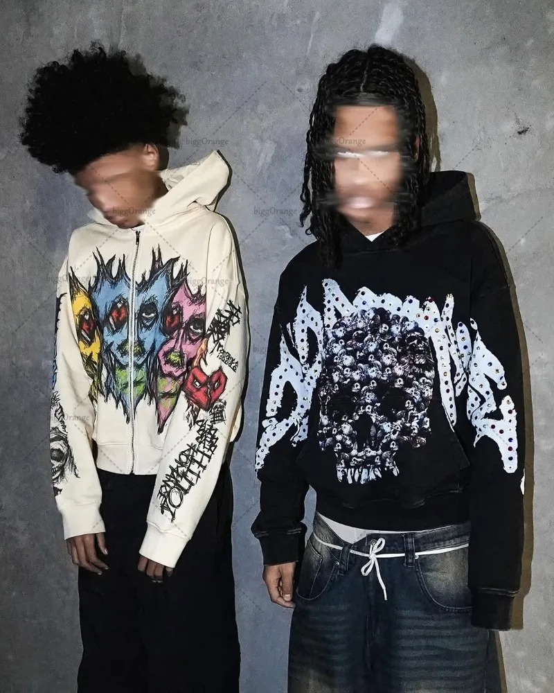 European and American Fashion Retro Street Clothing Personality Skull Animation Printed Hoodie Loose Oversized Zipper Sweatshirt 250317