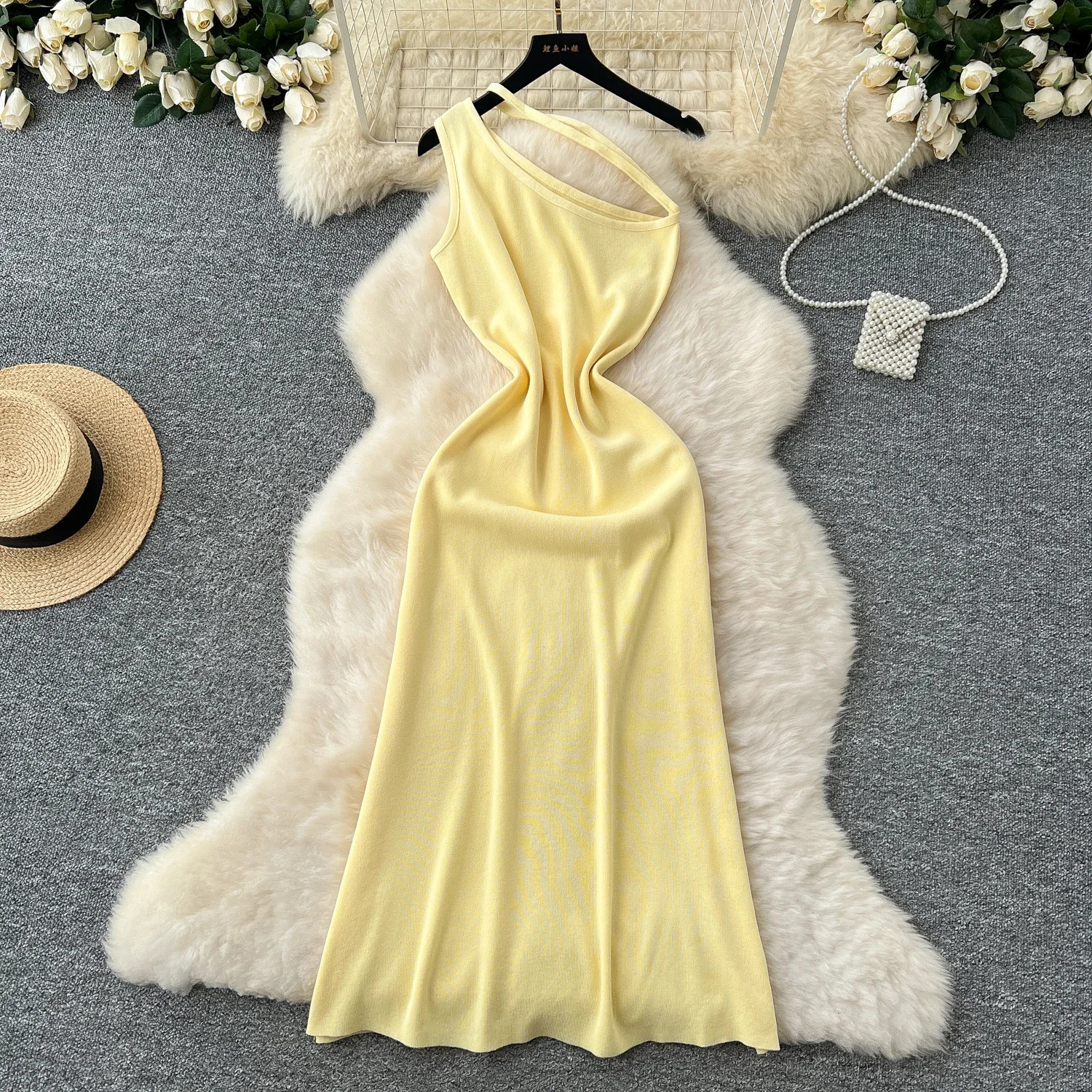 Sexy one shoulder sleeveless knitted long dress for women ultrathin elastic rib tight fitting streetwear vest 250320