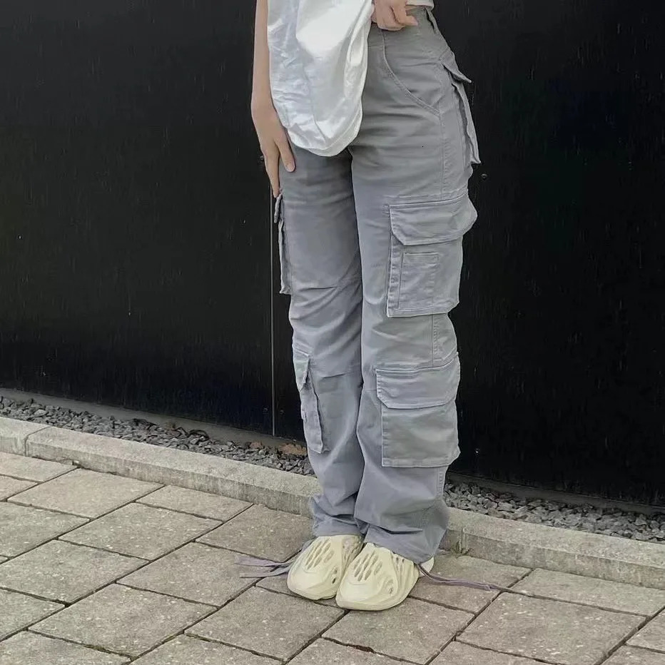 Women Jeans Cargo Pants Denim Long Pants Regular Button Pocket Y2k Straight Trousers Simple Loose Casual Mid Waist Streetwear 250320