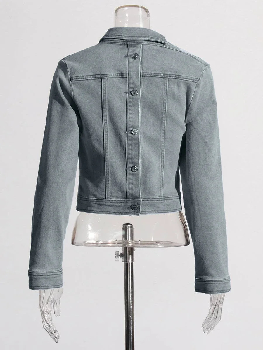 Fashionable womens denim T-shirt single shoulder stand up collar jeans short sleeved jacket long sleeved spring button retro ultra-thin denim T-shirt 