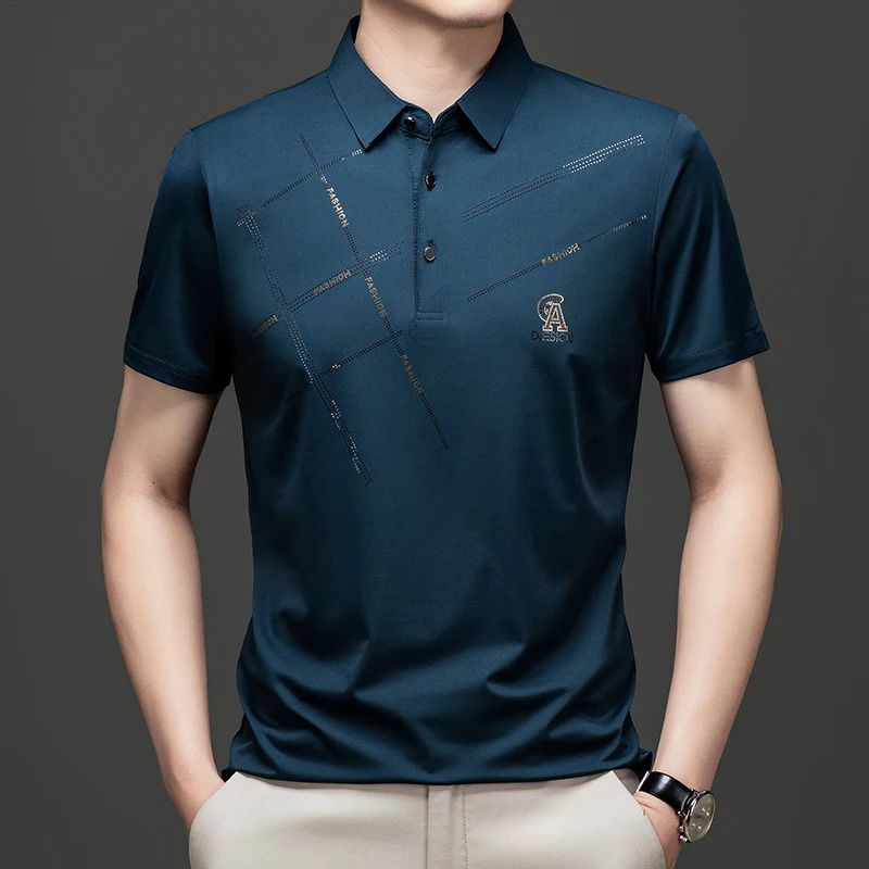 Fashionable embossed polo shirt short sleeved mens summer high-end ice silk comfortable casual light T-shirt 250320