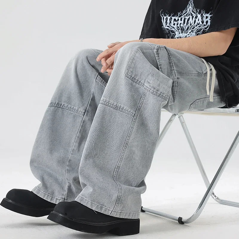 Mens Working Jeans Spring Stretch Waist Working Pants Loose Straight Wide Legs Street Hip Hop Baggy Fashion Pants 250320