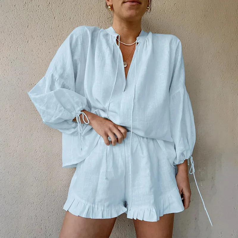 White V-neck Long Sleeve Lace Up Blouse Shorts Sets Women Lace Up Shirt Elastic Waist Shorts Suit Summer Casual Vacation Outfits 250320