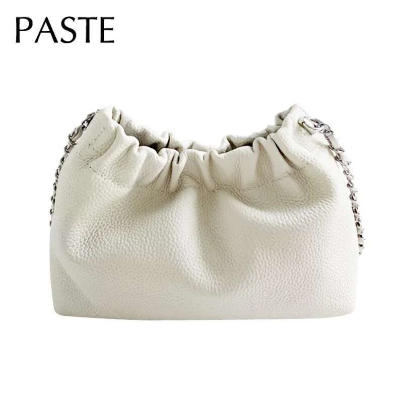 Ruched Design Hasp Open Cloudy Hobo Clutch Beige Small Chain Strap Women Crossbody Bag 100% Cowhide Leather Soft Daily Purse
