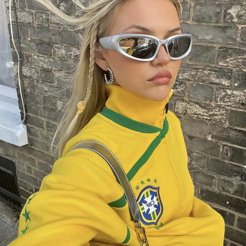 Y2K Aesthetic Vintage Slim Fit Yellow Sweatshirts BRASIL Letter Embroidery Graphic Womens 00s Retro Hooded Zip Up Jackets Coats 250320