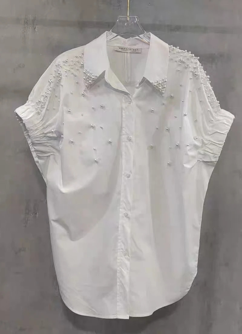 High-end Pears Beaded Loose Casual Cotton Short Sleeve Shirts Blouses For Women 2025 Spring Summer Single Breasted Tops Blusas 250320