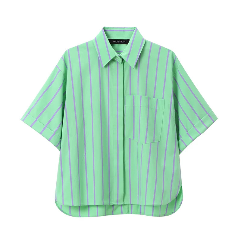 Willshela Women Fashion Two Piece Set Green Striped Single Breasted Shirt Elastic Waist Shorts Chic Lady Sets 250311