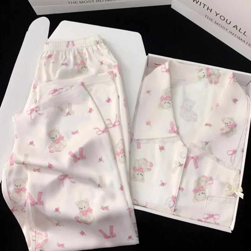 Spring and Autumn Ladies Fashion Pajamas Homewear Suit Ice Silk Pajamas Comfortable Leisure Long-Sleeved Homewear Real S 250320